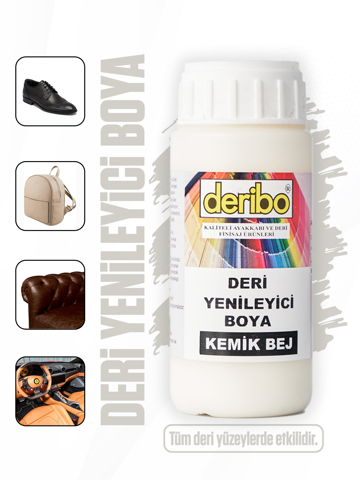 deribo Kemik Bej Deri Eşya, Ayakkabı, Koltuk, Direksiyon, Çanta, Deri Yenileyici Boya. 100ml