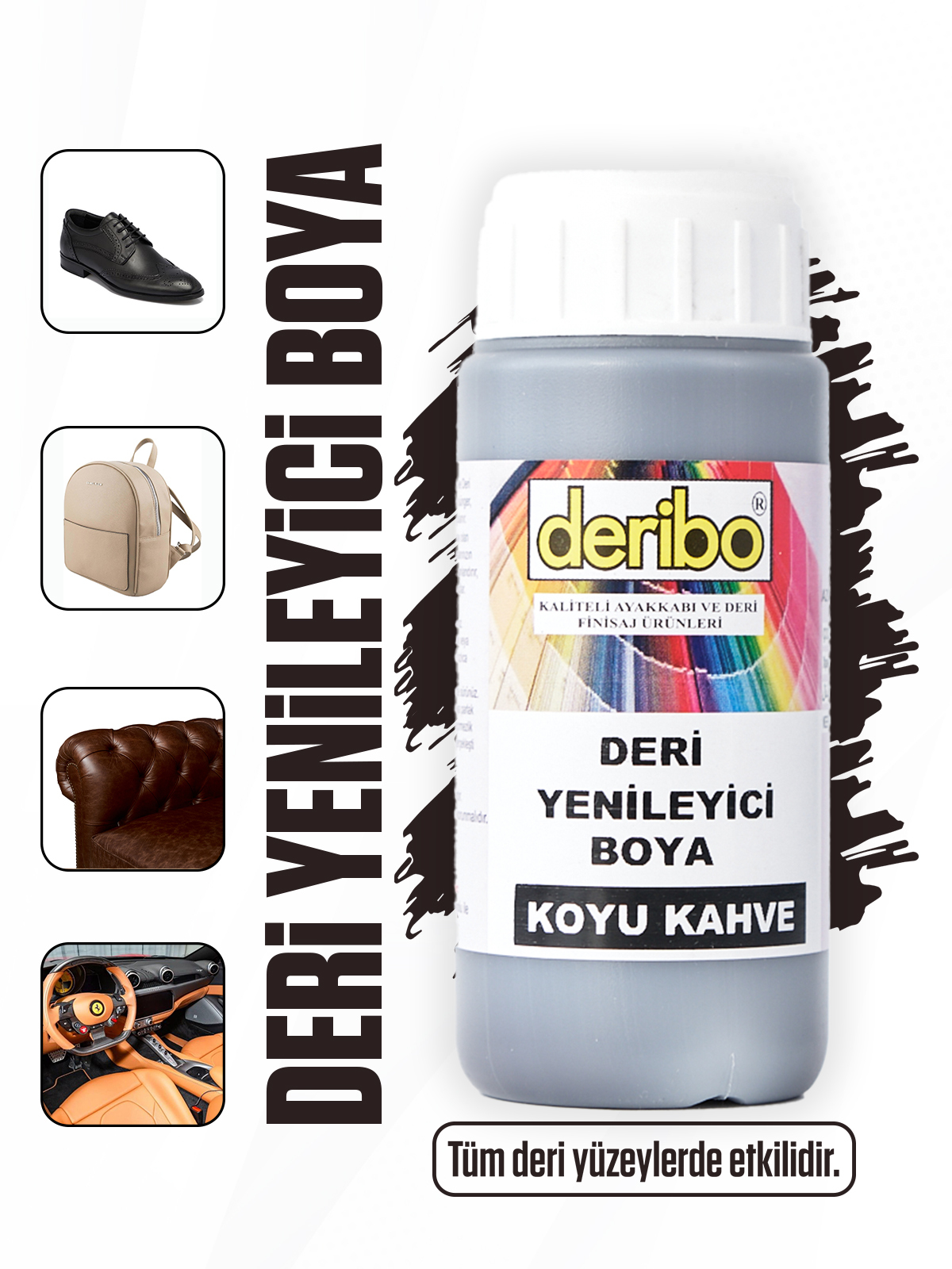 deribo Koyu Kahve Deri Eşya, Ayakkabı, Koltuk, Direksiyon, Çanta, Deri Yenileyici Boya. 100ml