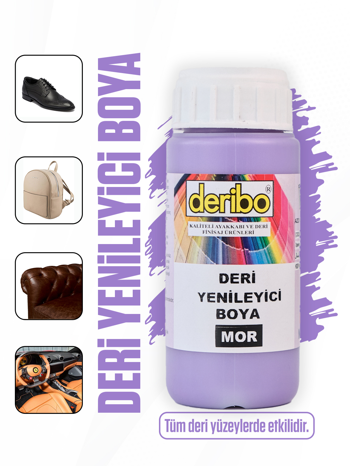 deribo Mor Deri Eşya, Ayakkabı, Koltuk, Direksiyon, Çanta, Deri Yenileyici Boya. 100ml