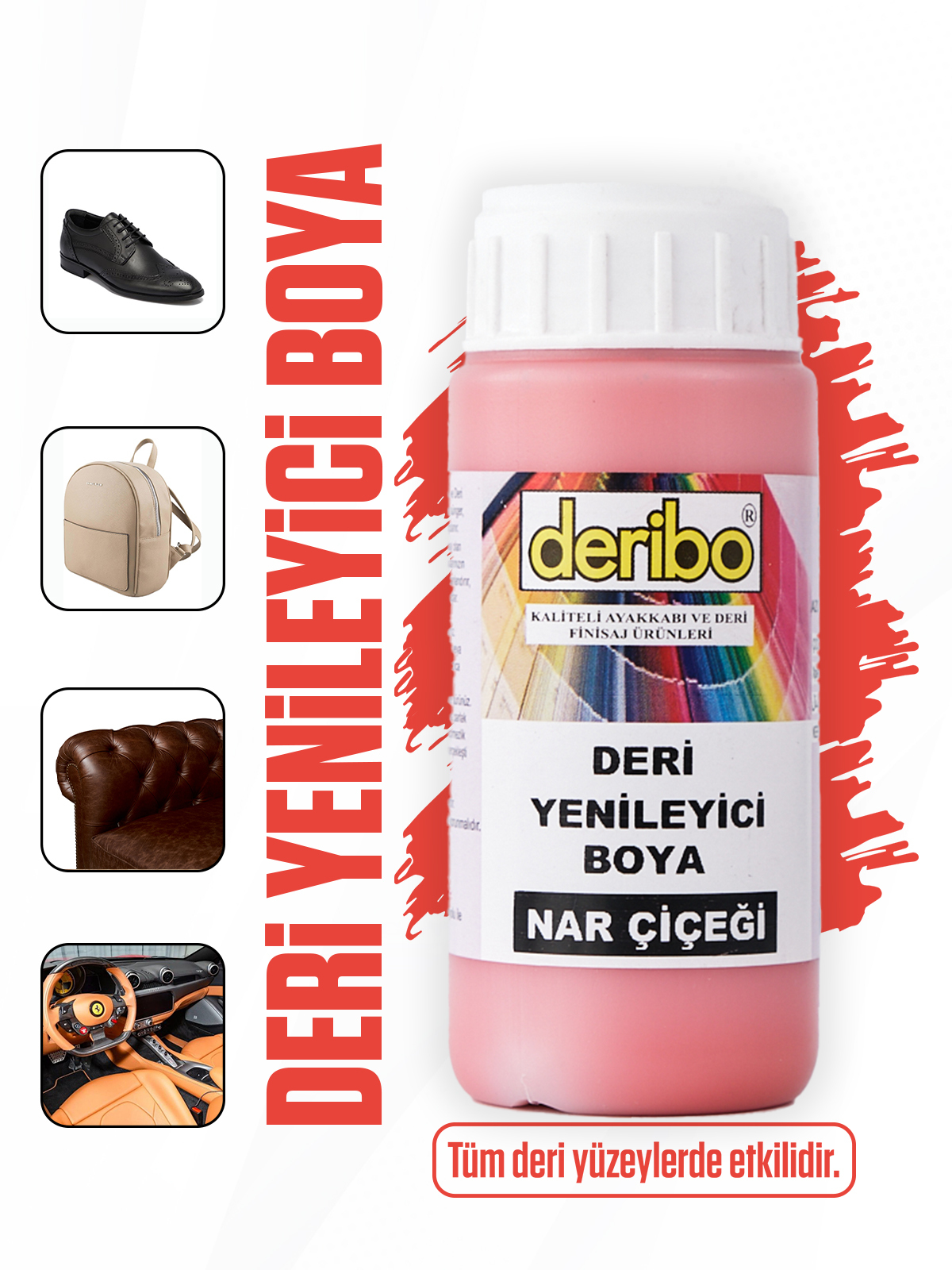 deribo Nar Çiçeği Deri Eşya, Ayakkabı, Koltuk, Direksiyon, Çanta, Deri Yenileyici Boya. 100ml