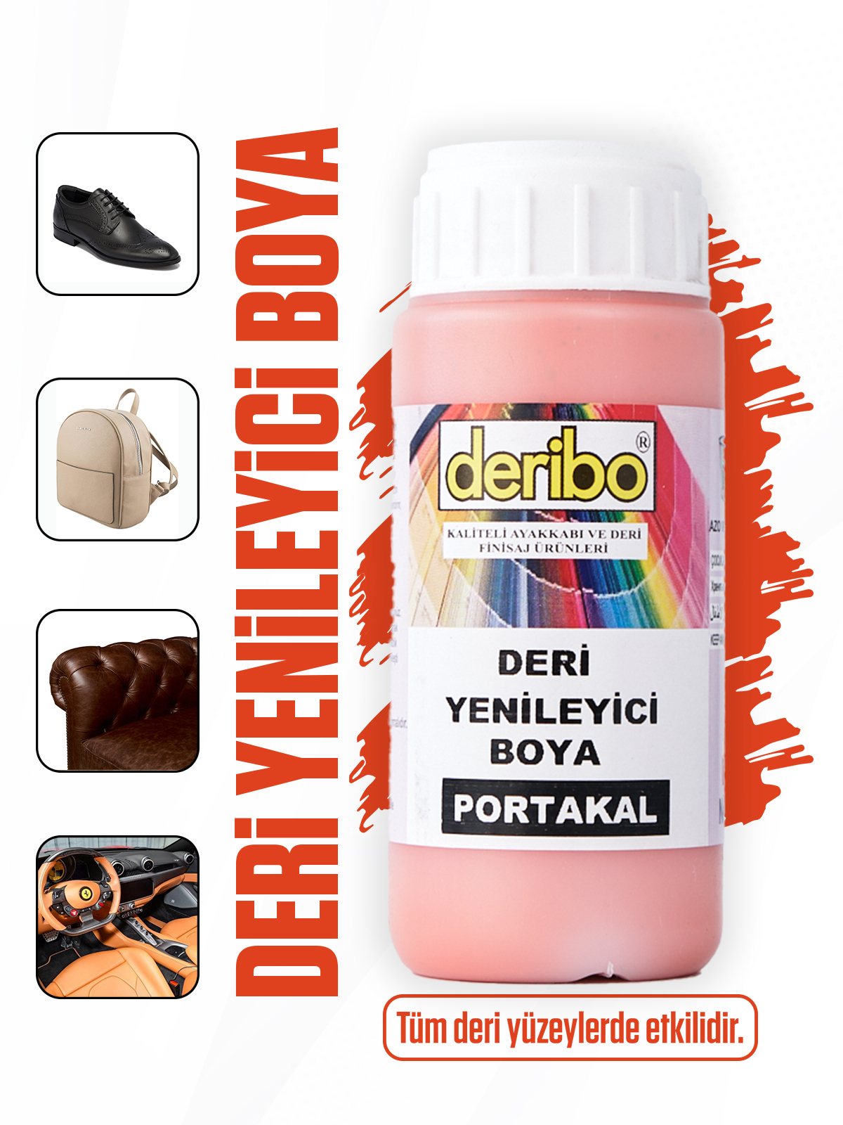 deribo Portakal Deri Eşya, Ayakkabı, Koltuk, Direksiyon, Çanta, Deri Yenileyici Boya. 100ml