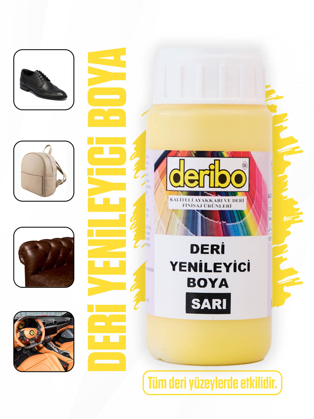 deribo Sarı Deri Eşya, Ayakkabı, Koltuk, Direksiyon, Çanta, Deri Yenileyici Boya. 100ml