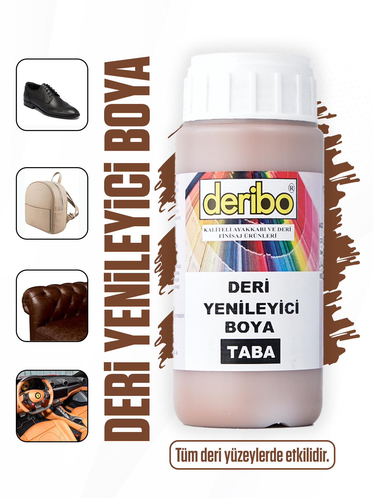 deribo Taba Deri Eşya, Ayakkabı, Koltuk, Direksiyon, Çanta, Deri Yenileyici Boya. 100ml